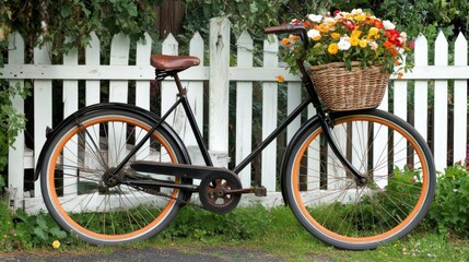 Fototapeta premium Vintage Bicycle with Floral Basket by White Fence - A Charming Summer Scene