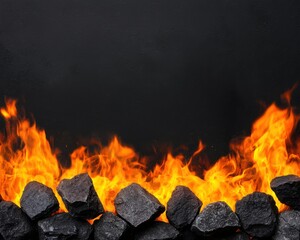A fiery blaze illuminates dark rocks, creating a dynamic contrast between the flames and the solid base.