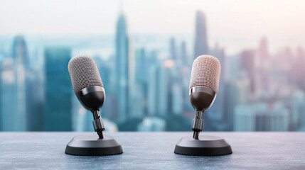 Two microphones on a table in front of a city skyline, perfect for podcasts or conference presentations.