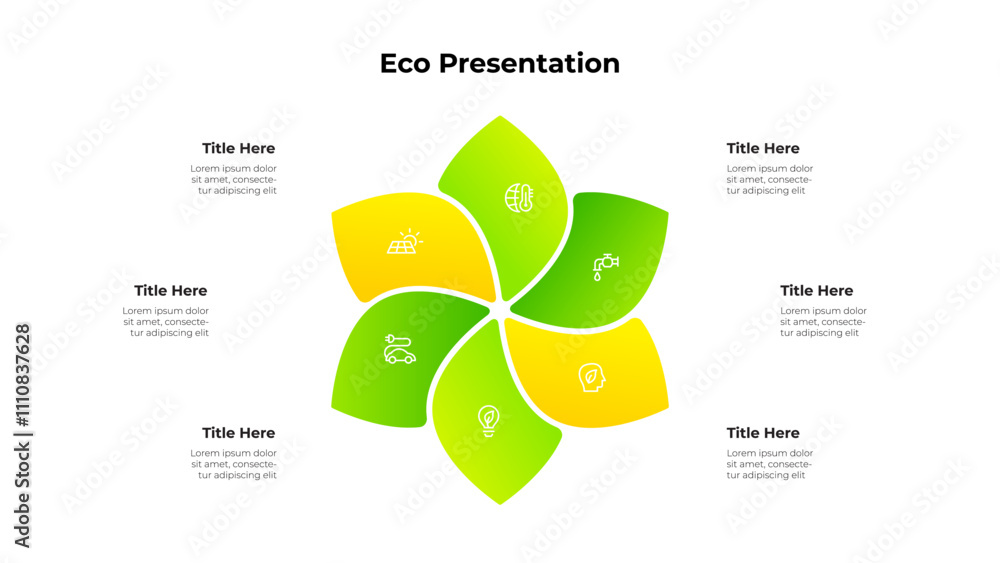 Poster minimalist eco infographic featuring a 6 leaf cycle design with icons representing sustainability co