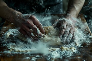 Fototapeta premium Hands kneading dough on a wooden surface, flour creating a magical baking atmosphere.