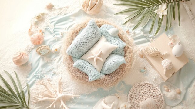 Beachy Nest with Soft Pillows and Sea-Inspired Decor