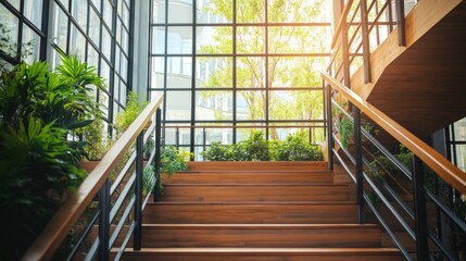 Obraz premium Modern Wooden Staircase with Lush Greenery and Natural Light