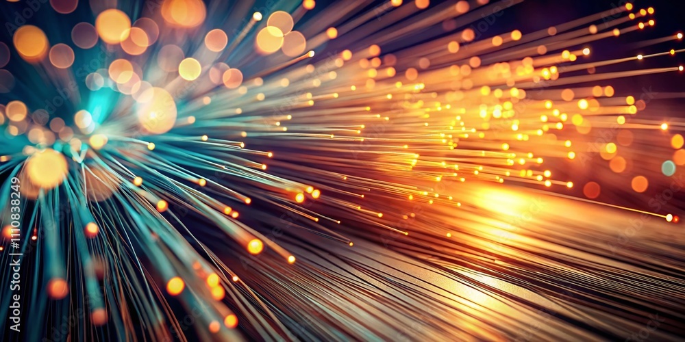 Poster vintage style photography of dynamic flying optical fibers emerging from a depth of technology with 