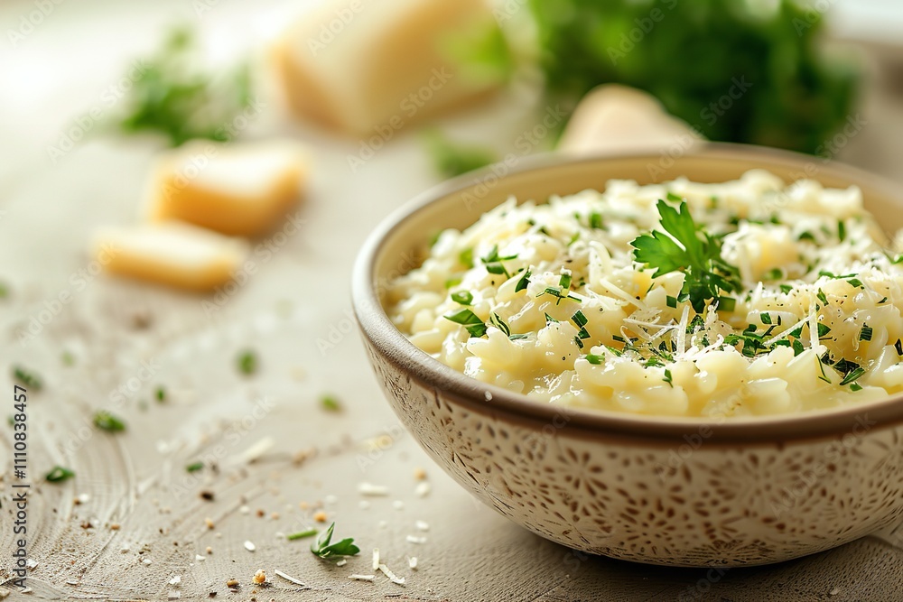 Poster a close-up and a top view of an italian cheese risotto with a large copy area for textual use on a c