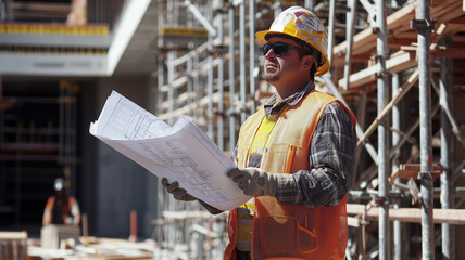 construction worker in hard hat and safety vest examines blueprints on construction site, showcasing dedication and focus