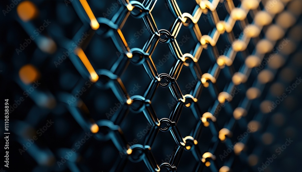 Leinwandbilder a close-up view of a metallic chain-link fence with a play of light reflecting off its surface, high