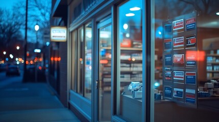 Night view of a city store with illuminated windows and cards displayed.