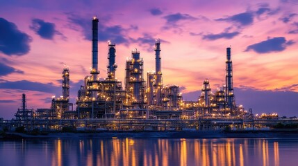 Fototapeta premium A petrochemical plant at night with glowing lights and flares