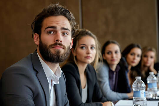 corporate speaker in formal attire engages with attentive audience of women during panel discussion. atmosphere is professional and focused