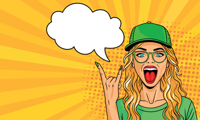Young woman in pop art style wearing a baseball cap and glasses shows the rock sign. On a yellow background. Pop art vector comic style