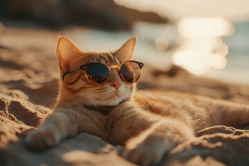 Cool cat in sunglasses relaxing at the beach