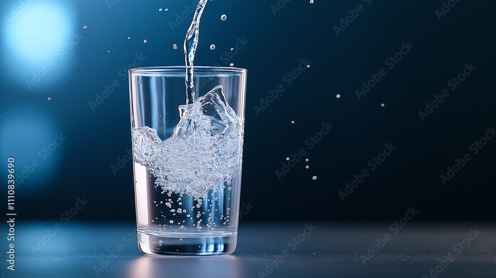 Poster glass filled with water is being poured, creating bubbles and splashes. scene captures refreshing es
