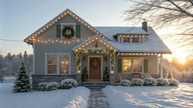Charming Winter House Adorned With Festive Christmas Decorations and Sparkling Lights in Sunlight. Generative AI
