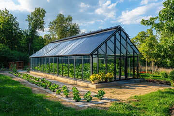 Obraz premium A modern greenhouse filled with plants, surrounded by a garden and trees under a blue sky.