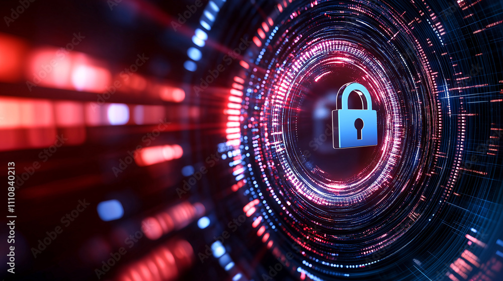 Poster abstract cybersecurity concept with padlock symbol in digital tunnel, representing data protection a