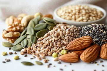 Obraz premium variety of nuts and seeds scattered on smooth white surface subtle blur in background for veganuary nutrition