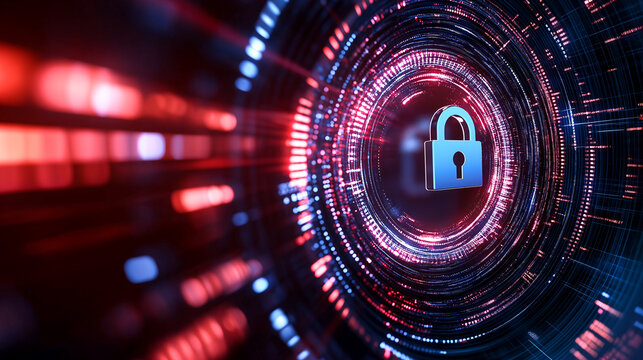 Abstract cybersecurity concept with padlock symbol in digital tunnel, representing data protection and security. vibrant colors create sense of urgency and importance in safeguarding information