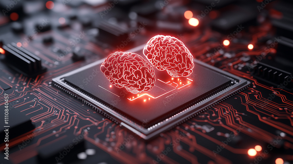 Poster two glowing brains on circuit board symbolize advanced technology and intelligence. this striking im