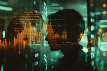 futuristic silhouette of person against backdrop of glowing data visualizations and bar charts, symbolizing technology and analytics