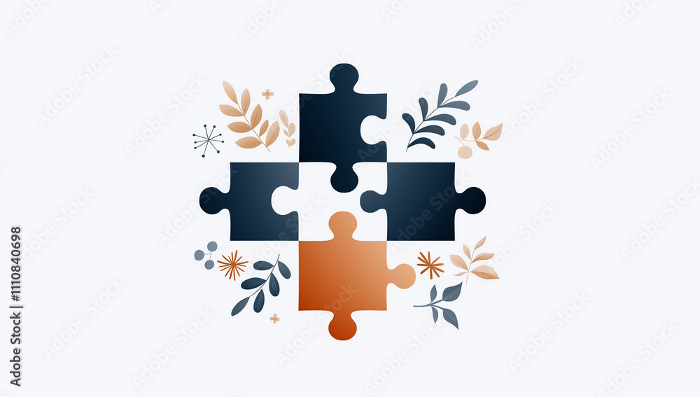 Poster colorful puzzle pieces arranged with floral elements create harmonious design. this illustration sym