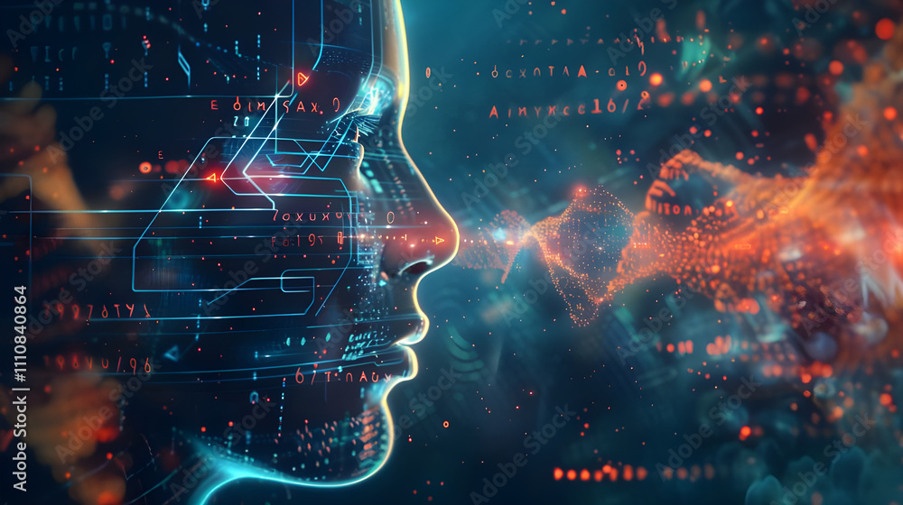 Poster abstract visualization of a human mind enhanced by ai. futuristic design of a neural network as a hu