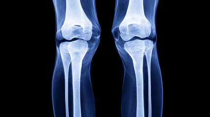 X-ray image showing detailed view of human knee joints in blue tones.