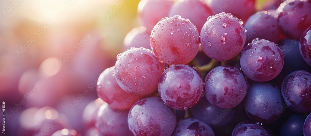 Poster a close-up view of a cluster of ripe red grapes with dew drops.