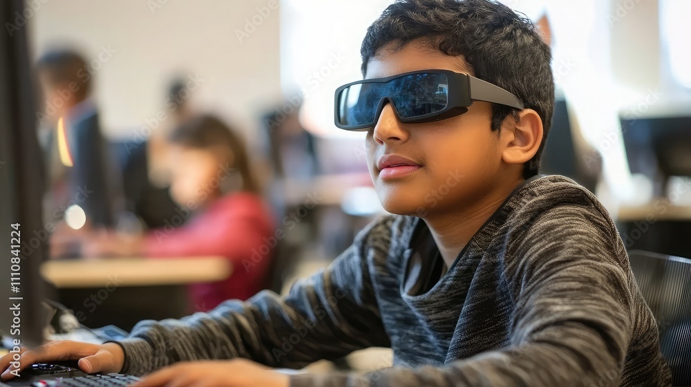 Poster a visually impaired student using assistive technology in a classroom setting