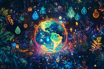 Fototapeta premium glowing holographic Earth surrounded by vibrant plants and colorful droplets, creating magical and enchanting atmosphere