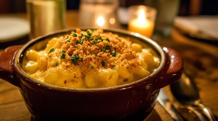 Photo of, A bowl of creamy lobster macaroni and cheese topped with breadcrumbs, Mac and cheese in bowl