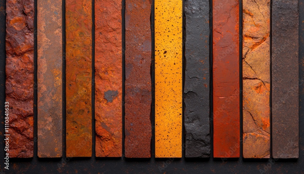 Poster a vibrant array of colored metal strips showcases a spectrum of rust tones, enhancing industrial aes