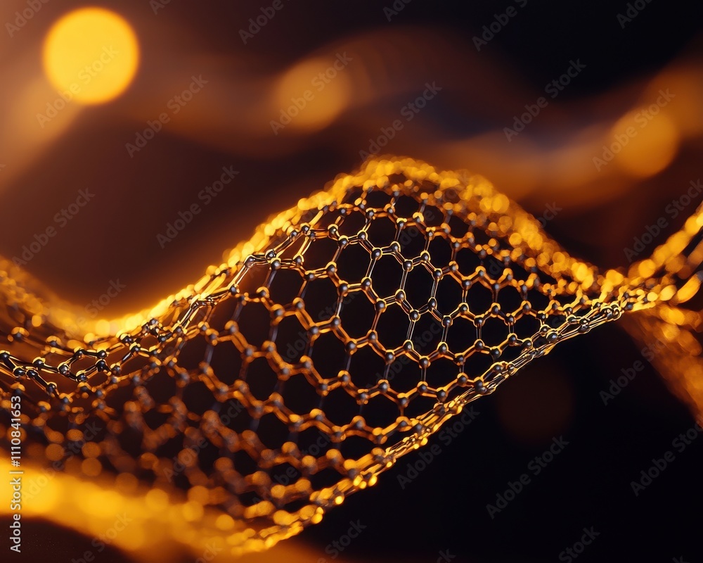 Poster A close-up view of intricate golden mesh fabric, showcasing its delicate texture and shimmering appearance against a dark background.