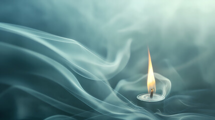 Fototapeta premium Single candle surrounded by swirling smoke on a blue background with copy space