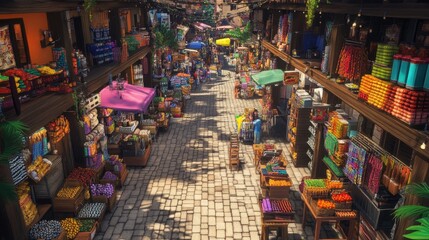 Vibrant marketplace street scene with colorful stalls, goods, and people shopping.