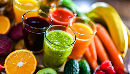 Glasses with fresh organic vegetable and fruit juices