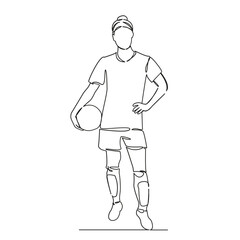 One continuous single drawing line art flat doodle girl, woman, football, girl with football posing. Isolated image hand draw contour on a white background, hand drawn, not AI