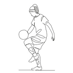 Fototapeta premium One continuous single drawing line art flat doodle girl, woman football player, juggles ball, accuracy training. Isolated image hand draw contour on a white background, hand drawn, not AI