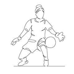 Fototapeta premium One continuous single drawing line art flat doodle girl, woman, goalkeeper catches ball, football, agility, game. Isolated image hand draw contour on a white background, hand drawn, not AI