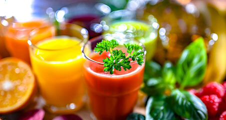 Glasses with fresh organic vegetable and fruit juices