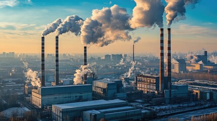 Aerial view of a large industrial complex with chimneys releasing smoke into the sky