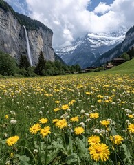 Fototapeta premium Alpine Meadow with Waterfall