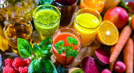 Glasses with fresh organic vegetable and fruit juices