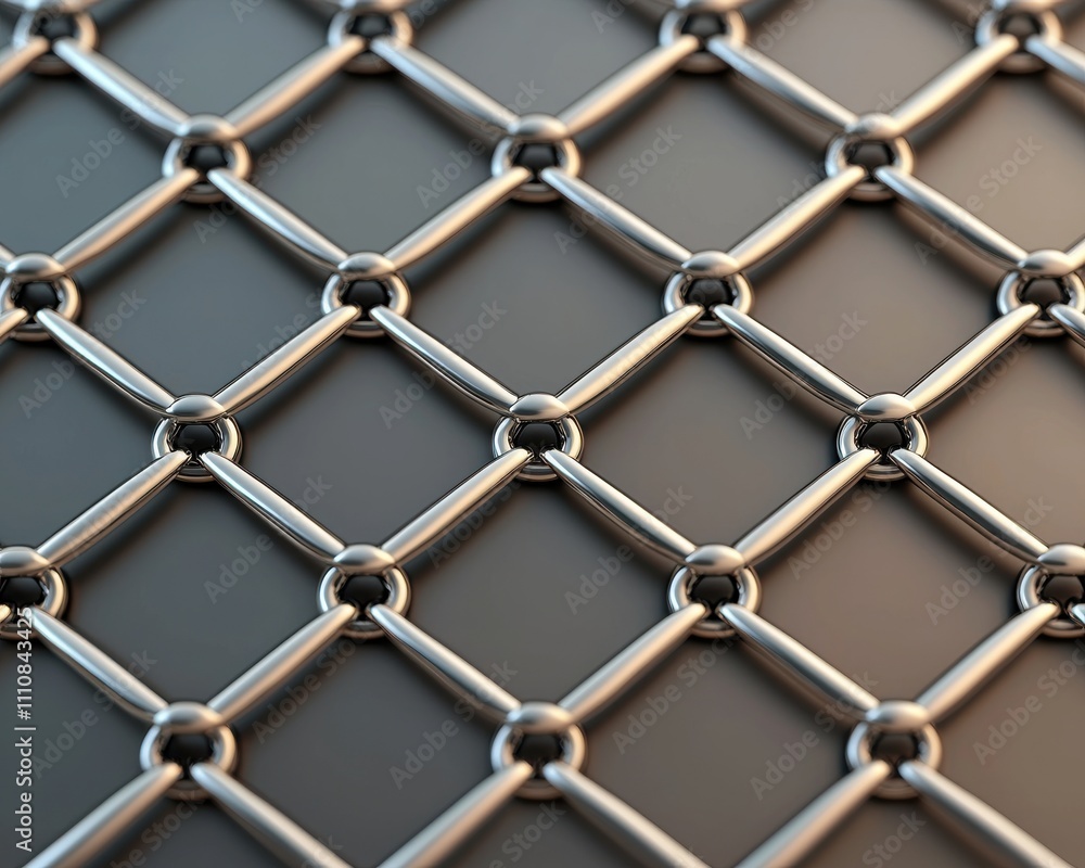 Poster A detailed close-up of a metallic mesh pattern featuring interconnected rings and diamond shapes, showcasing texture and design.