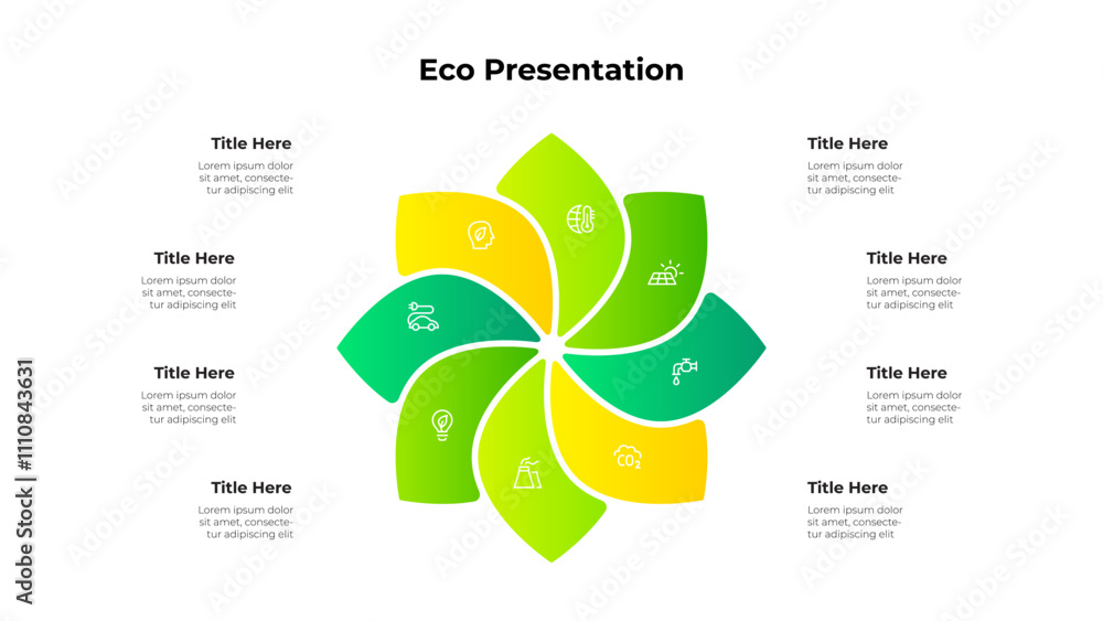 Poster minimalist eco infographic featuring a 8 leaf cycle design with icons representing sustainability co