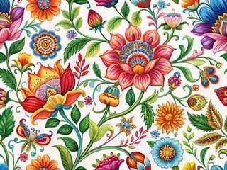 Whimsical Floral Fantasy Pattern in Jacobean Style with Colorful Flowers on White Background, Perfect for Home Decor and Textile Design, Ideal for Creative Projects