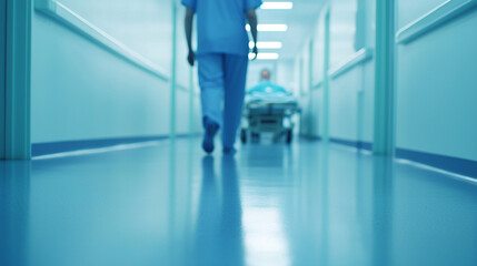 Fototapeta premium Blurred hospital corridor with medical staff and patient, illustrating healthcare and emergency services.