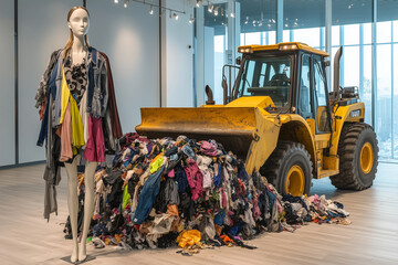 mannequin displays trendy clothes beside large pile of discarded garments, with yellow loader in...