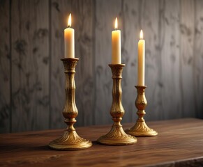 Gold candlesticks placed on a rustic wooden table, winter decor, soft glow