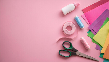 Crafting supplies on a flat surface ready for creative DIY projects with colorful materials scattered around for arts and crafts activities